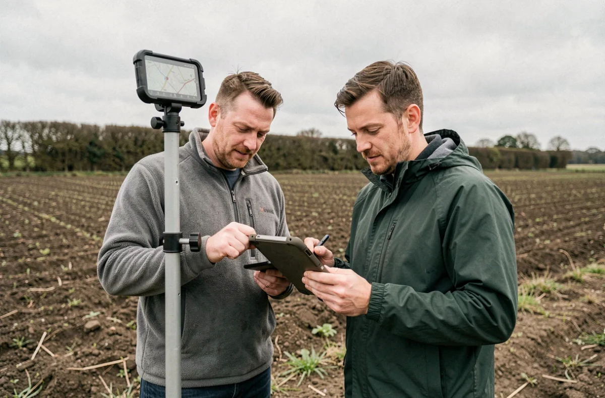 Techniciens géomètres utilisant un GPS de précision pour la mise à jour du cadastre en milieu rural