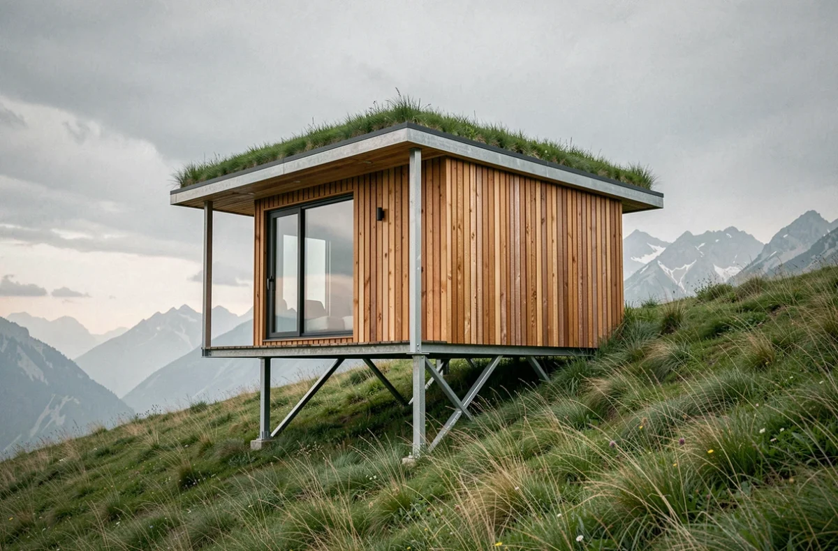Tiny house moderne sur pilotis métalliques réglables installée sur terrain en pente sans fondation en béton