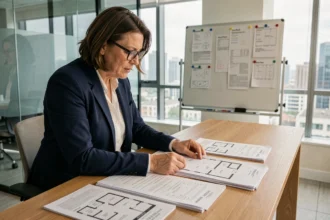 Professionnelle de l'immobilier analysant des documents de tri et de sélection de biens dans une agence moderne