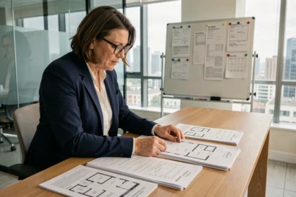 Professionnelle de l'immobilier analysant des documents de tri et de sélection de biens dans une agence moderne