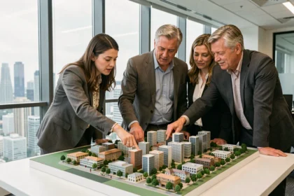 Urbanistes réunis autour d'une maquette de projet urbain dans un bureau moderne avec vue sur la ville
