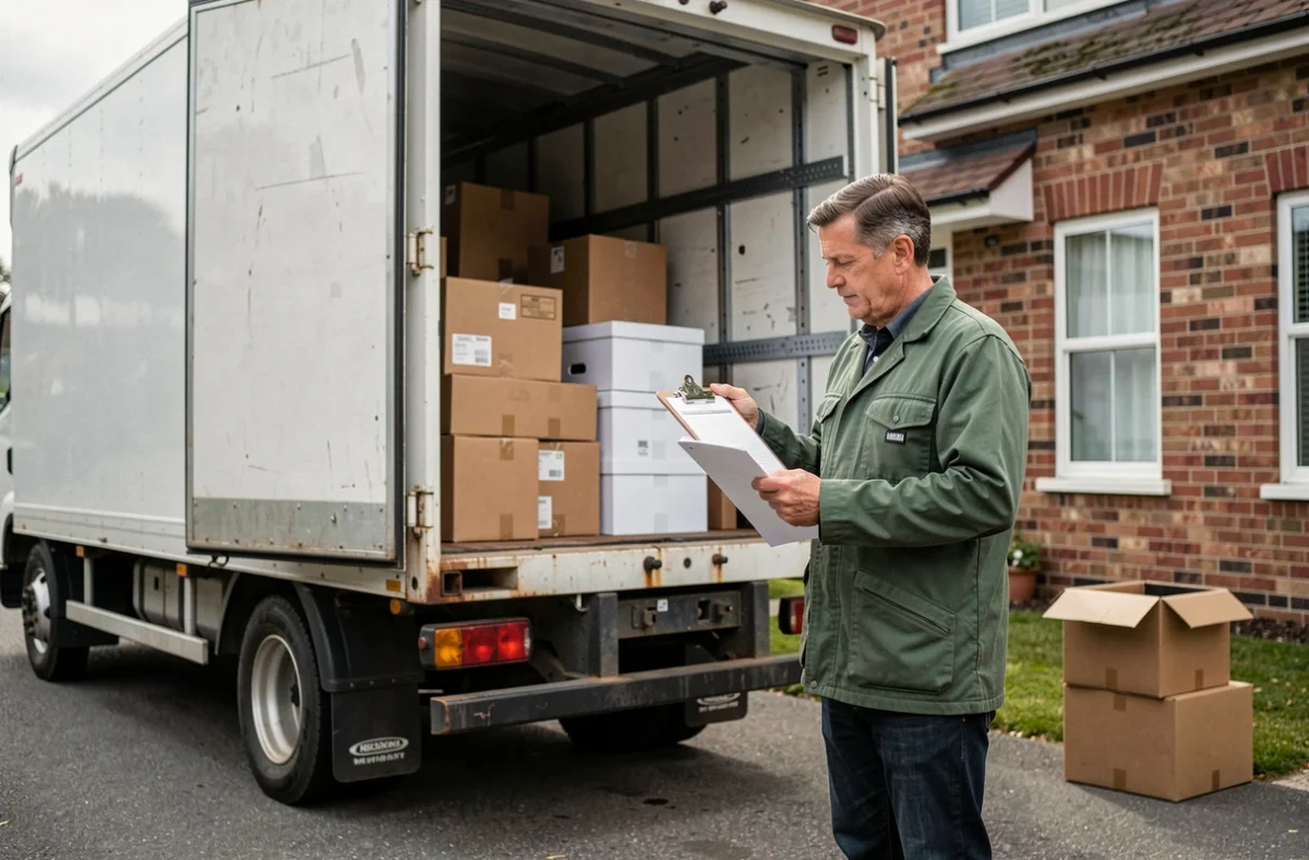 Un homme vérifiant une liste de chargement devant un camion de déménagement de 20m3 avec des cartons dans une allée de maison