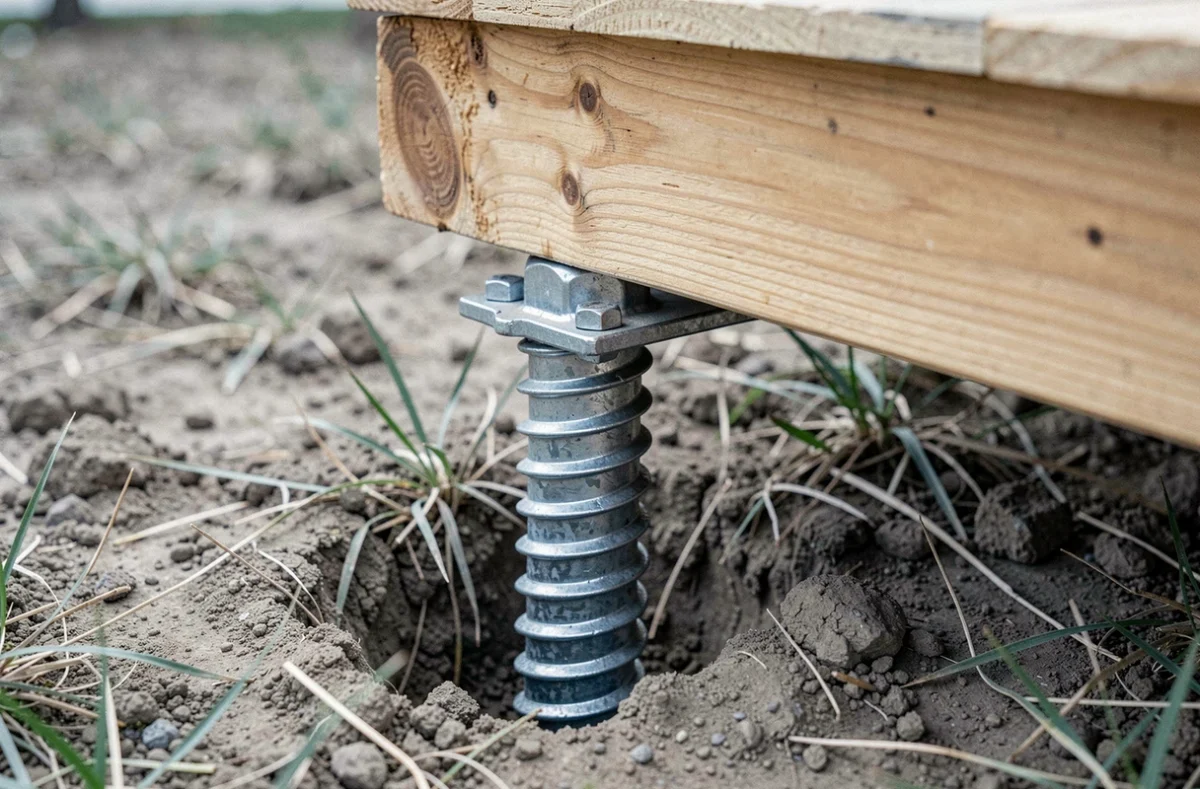 Vis de fondation hélicoïdale en acier galvanisé supportant une ossature bois sans dalle en béton