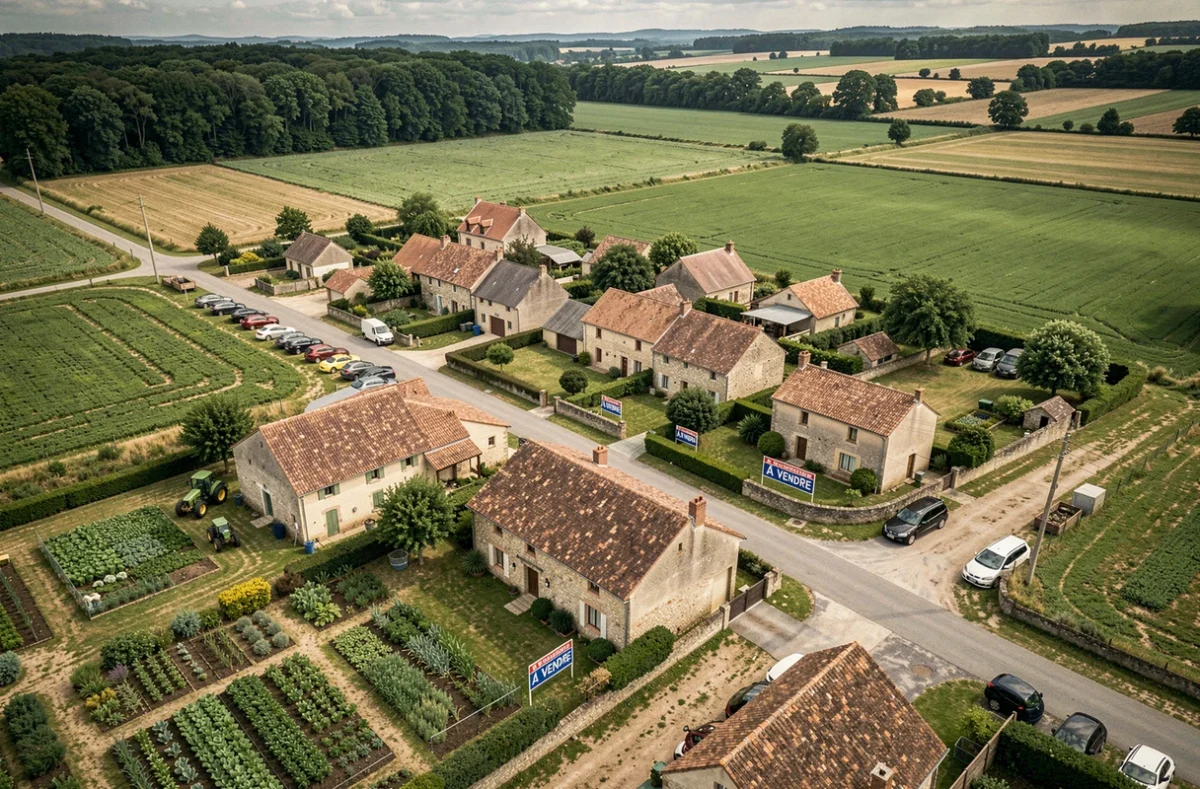 Vue aérienne d'un village rural français avec des panneaux immobiliers à vendre visibles sur plusieurs propriétés